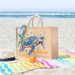 Sac Fourre-Tout en Toile de Jute Personnalisé avec Motif Tortue de Mer Fleurie et Nom Accessoire de Voyage Cadeau Anniversaire Plage pour Femme