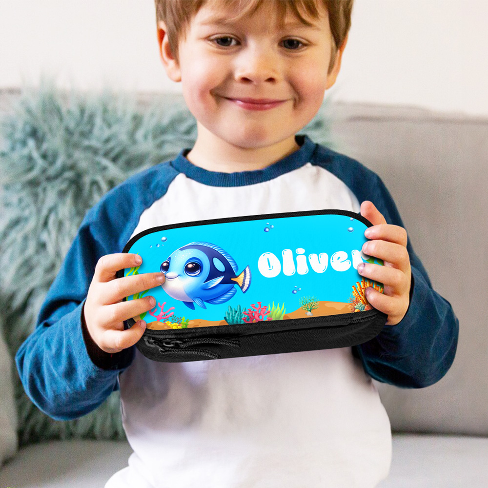 Trousse à Crayons en Tissu Oxford Personnalisée avec Nom et Animal Marin Trousse Deux Couches Durables Cadeau Rentrée Scolaire pour Enfant