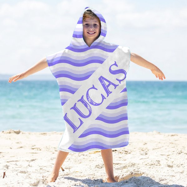 Toalla de playa con capucha personalizada de secado rápido con rayas onduladas y coloridas para vacaciones de verano regalo de cumpleaños para niños