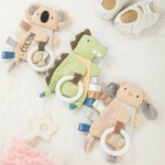 Henkilökohtainen Söpö Dino Rabbit Koala Teether Crinkle Baby Security Blanket kirjailtu nimi Syntymäpäivä Baby Shower lahja vastasyntyneille