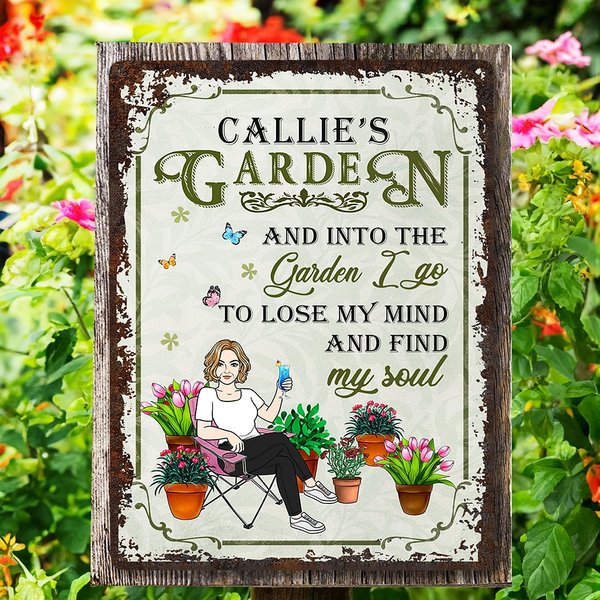 Personalized Retro Garden Cartoon Character Vertical Metal Sign with Name Garden Decor Birthday Gift for Grandma Mom Gardening Lover