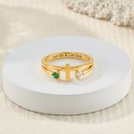 Personalized Double Birthstones Cross Ring Dainty Jewelry with Engraved Text Birthday Anniversary Gift for Christian Women Couples