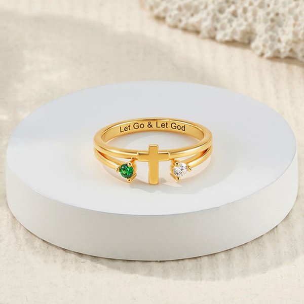Personalized Double Birthstones Cross Ring Dainty Jewelry with Engraved Text Birthday Anniversary Gift for Christian Women Couples