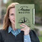 Personalized Adventure Begin Compass Design PU Leather Binder Notebook with Name School Name and Pen Graduation Gift for Graduates