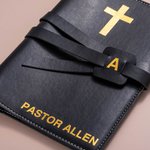 Personalized Golden Cross PU Leather Strap Journal Notebook with Initial and Text Religious Baptism Birthday Gift for Christian Pastor