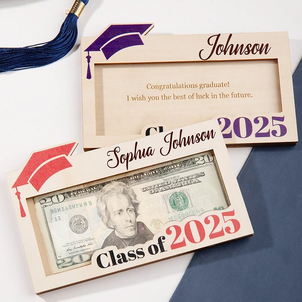 Personlig Graduation Cap Wooden Money Cash Holder med namn och årsklass 2025 Funny Party Favor Graduation Gift for Graduates