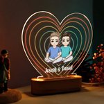 Personalized Cartoon Couple Character Heart-Shaped Name LED Night Light with Wooden Base Home Decor Valentine's Day Anniversary Gift for Couple