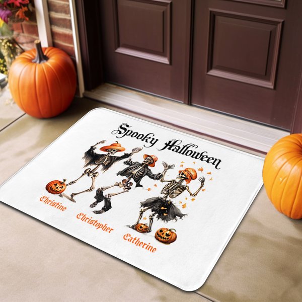Alfombrilla de puerta antideslizante calabaza bailarina personalizada con título y 3-8 nombres Decoración para el hogar Regalo de Halloween para la familia y amigos