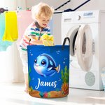 Personalisierte Meerestier Unterwasserwelt Name Wasserdicht Wäsche Aufbewahrungskorb mit Griff Nursery Decor Geburtstagsgeschenk für Jungen Mädchen