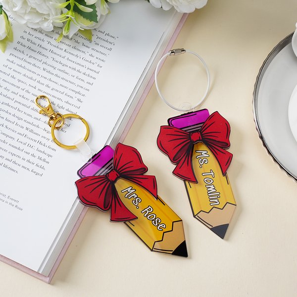 Personalised Pencil Coquette Bow Design Bag Tag with Name Backpack Decoration Back to School Birthday Gift for Teachers Kids