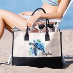 Personalisierte florale Meeresschildkröte große wiederverwendbare Frauen Canvas Tasche mit Namen Reisezubehör Geburtstag Jahrestag Geschenk für Besties Freunde