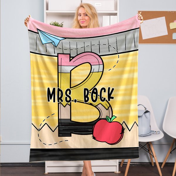 Personalized Pencil Notebook Line Apple Initial Soft Throw Blanket with Name Home Decor Birthday Back to School Gift for Teacher