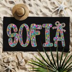 Asciugamano da spiaggia personalizzato con nome e motivo floreale multicolore ad asciugatura rapida oversize regalo di vacanze estive per donne