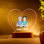 Personalized Cartoon Couple Character Heart-Shaped Name LED Night Light with Wooden Base Home Decor Valentine's Day Anniversary Gift for Couple