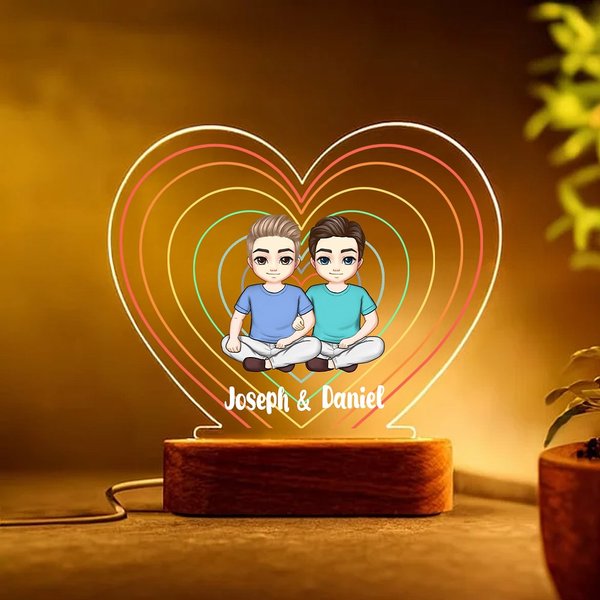 Personalized Cartoon Couple Character Heart-Shaped Name LED Night Light with Wooden Base Home Decor Valentine's Day Anniversary Gift for Couple