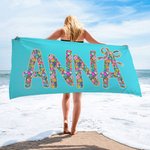 Asciugamano da spiaggia personalizzato con nome e motivo floreale multicolore ad asciugatura rapida oversize regalo di vacanze estive per donne