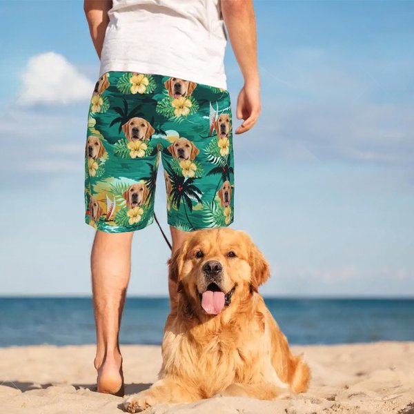 Personalised Hawaiian Theme  Palm Trees Beach Shorts with Pet Photo and Drawstring Summer Travel Vacation Essential Birthday Gift for Men Pet Lovers