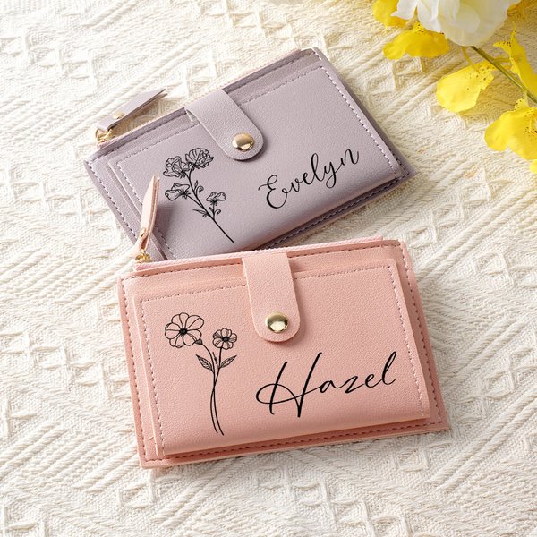 Portefeuille portable en cuir PU avec porte-nom et porte-cartes Cadeau de mariage, d'anniversaire et de naissance personnalisé pour les femmes