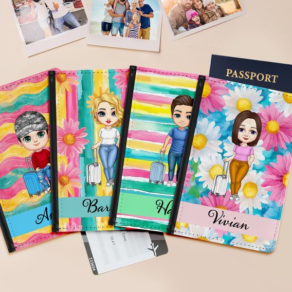 Personalised Watercolor Floral Cartoon Travel Character PU Leather Passport Holder with Name Birthday Summer Vacation Gift for Family