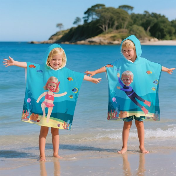 Toalla de playa con capucha personalizada con foto de cara personaje de dibujos animados de buceo regalo de vacaciones en la piscina para niños