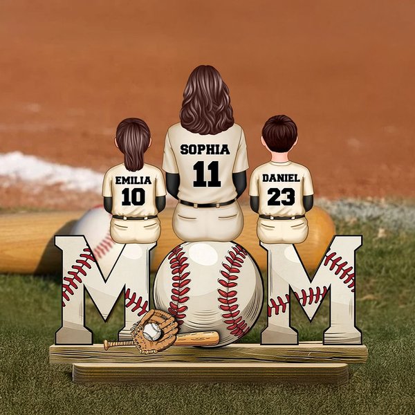 Personalised Baseball Mom and 1-4 Kids Wooden Wooden Plaque Ornament with Name Table Decor Game Day Birthday Gift for Family Baseball Lovers
