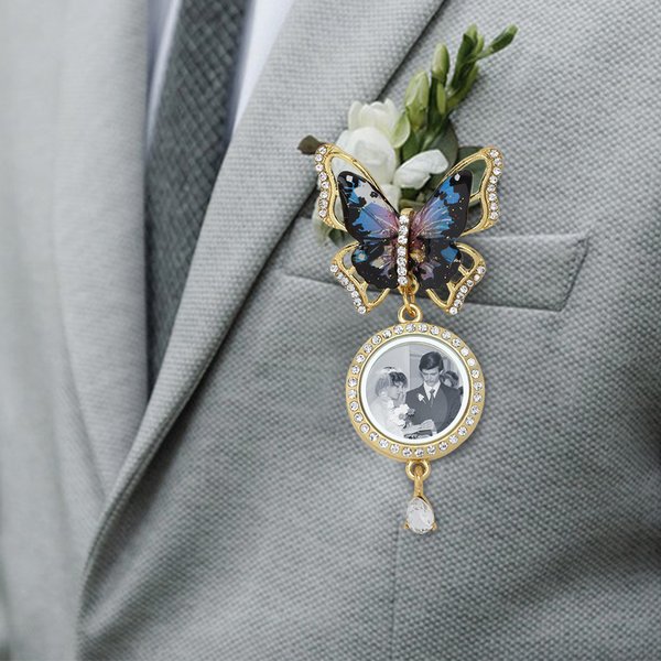 Gepersonaliseerde Blauw en Goud Vlinder 1-3 Foto's Broche Pin Versierd met Zirkoon Huwelijk Verjaardag Afstuderen Ceremonie Verjaardagscadeau voor pasgetrouwden