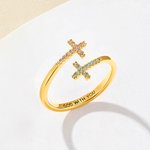 Personalized Double Cross Inlaid Birthstone Open Ring with Engraved Text Dainty Jewelry Baptism Anniversary Birthday Gift for Women Christians