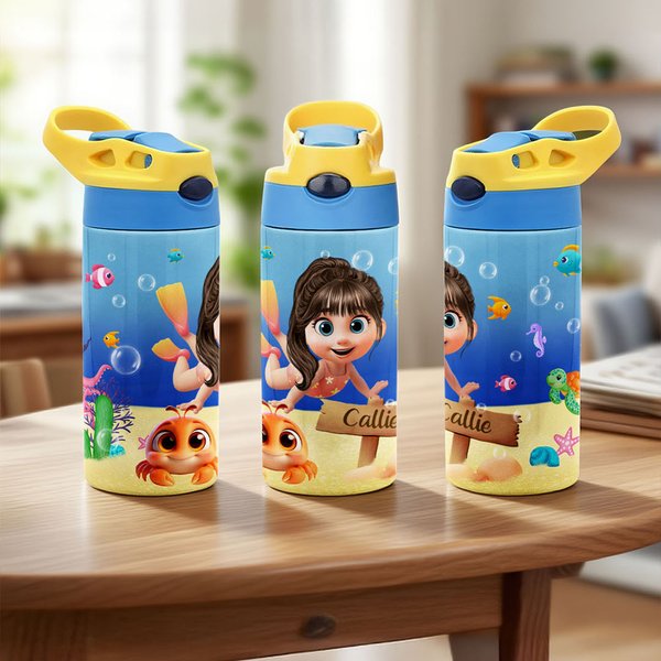 Personalisierte Meer Tier niedlich 3D Tauchen Kind 12 oz isolierte Wasserflasche mit Namen und Stroh zurück zu Schule Geburtstag Geschenk für Jungen Mädchen