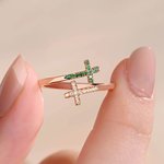 Personalized Double Cross Inlaid Birthstone Open Ring with Engraved Text Dainty Jewelry Baptism Anniversary Birthday Gift for Women Christians