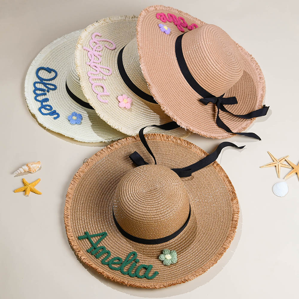 Chapeau de plage tressé avec nom Accessoire d'été Anniversaire Vacances Lune de miel Cadeau pour femmes