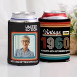 Personalized Stripes Retro Radio Photo Insulated Beer Can Cooler Sleeve with Year and Text Birthday Party Gift for Family Friends
