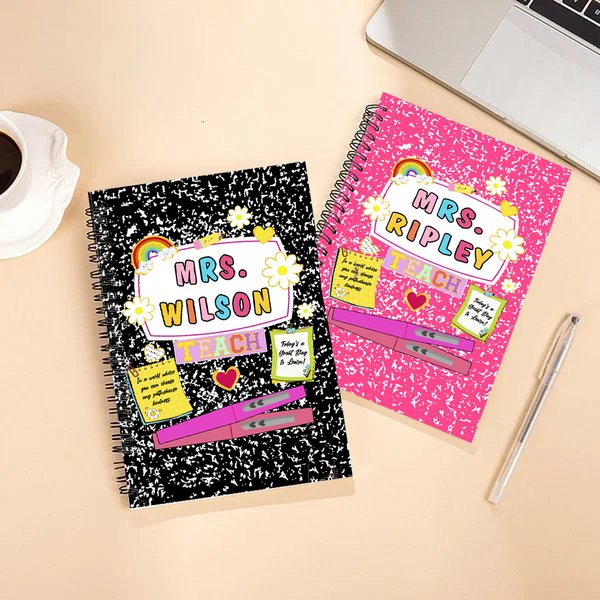 Personalized Rainbow Daisy Teach Multicolor Spiral A5 Journal Notebook with Text Appreciation Back to School Gift for Teacher