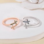 Personalized Double Cross Inlaid Birthstone Open Ring with Engraved Text Dainty Jewelry Baptism Anniversary Birthday Gift for Women Christians