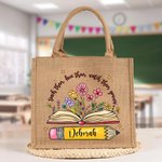 Personalizzato Matita Libri Fiori Juta Tote Bag con nome Grande stoccaggio Viaggio Accessorio Festa Compleanno Regalo per le donne