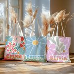 Personalisierte Bunte-Blumen Große Canvas Tragetasche mit Namen Alltag Urlaub Geburtstag Jahrestag Geschenk für Damen Mädchen