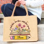 Personalizzato Matita Libri Fiori Juta Tote Bag con nome Grande stoccaggio Viaggio Accessorio Festa Compleanno Regalo per le donne