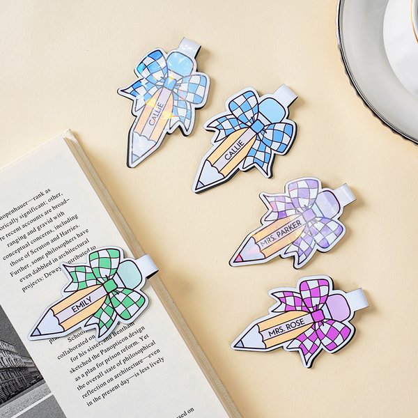 Juego de 2 marcapáginas magnéticos personalizados con lazo a cuadros y nombre Material de lectura Vuelta al cole Regalo de cumpleaños para profesores Niños