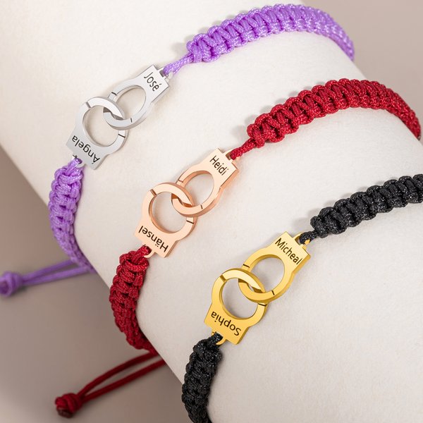 Personalised Unisex Police Handcuff Interlocking Infinity Adjustable Bracelet with Engraved Names Birthday Valentine's Day Police Day Gift for Couples