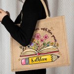 Personalizzato Matita Libri Fiori Juta Tote Bag con nome Grande stoccaggio Viaggio Accessorio Festa Compleanno Regalo per le donne