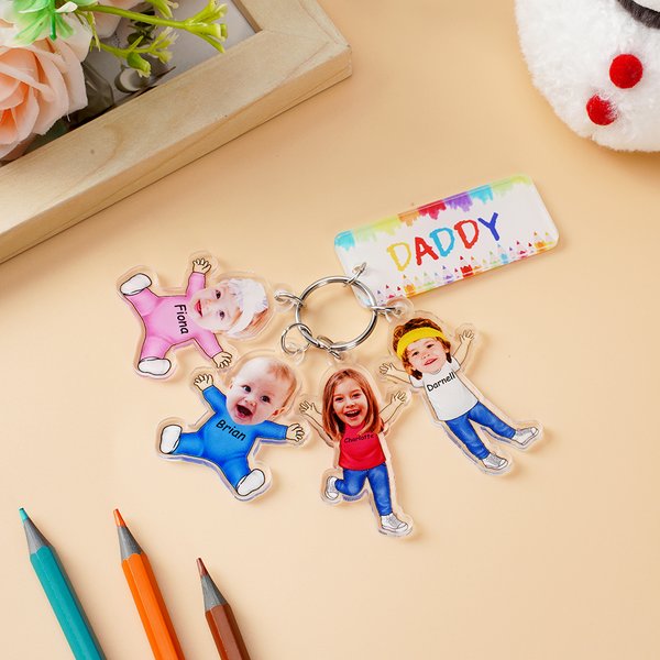 Personalised Funny 1-4 Kids Face Photo Cartoon Acrylic Keychain with Name and Daddy Tag Father's Day Birthday Gift for Dad Family