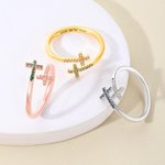Personalized Double Cross Inlaid Birthstone Open Ring with Engraved Text Dainty Jewelry Baptism Anniversary Birthday Gift for Women Christians
