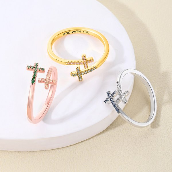 Henkilökohtainen Double Cross upotekoristeinen Birthstone Open Ring kaiverrettu teksti Dainty Korut Kaste Vuosipäivä Syntymäpäivä Lahja Naisille Kristityt