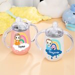 Personalized Rainbow Cloud Cartoon Character 10 oz Insulated Sippy Cup with Name and Handle Baby Shower Birthday Gift for Toddler Kid