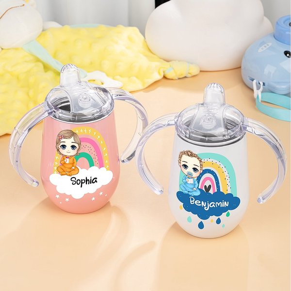Personalized Rainbow Cloud Cartoon Character 10 oz Insulated Sippy Cup with Name and Handle Baby Shower Birthday Gift for Toddler Kid