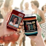 Personalized Stripes Retro Radio Photo Insulated Beer Can Cooler Sleeve with Year and Text Birthday Party Gift for Family Friends