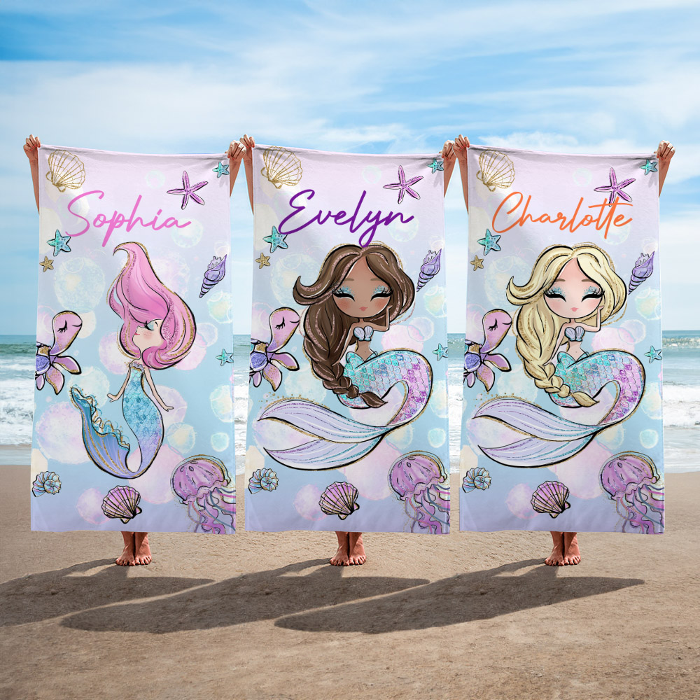 Serviette de Plage Personnalisée avec Motif Sirène Fantaisie Marine et Nom Cadeau Anniversaire Fête d’Été pour Fille