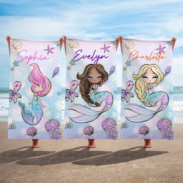 Personalisiertes Cartoon Meerjungfrau Strandtuch mit Namen Schnelltrocknend Übergroß Sommer Strand Party Reisezubehör Geburtstag Geschenk für Mädchen