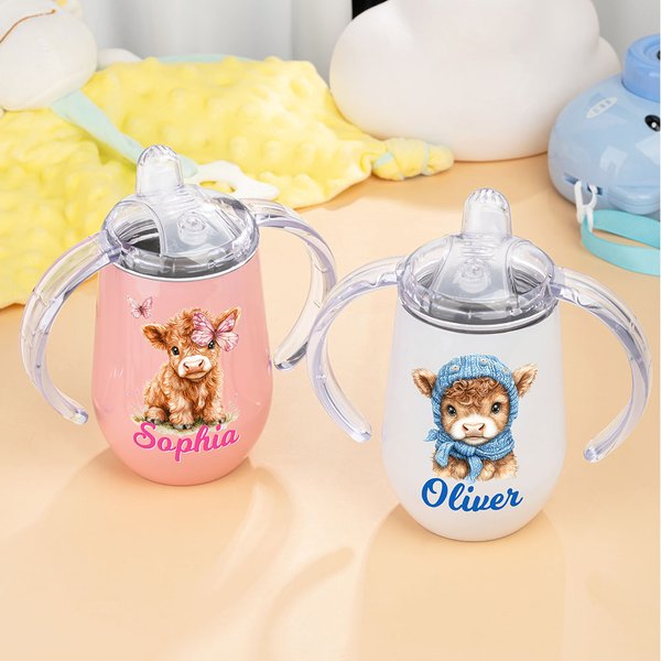 Personalized Cute Highland Cow 10 oz Insulated Name Sippy Cup with Lid and Handle Birthday Baby Shower Gift for Toddler Kids