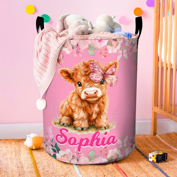 Personalized Flower Butterfly Highland Cow Large Waterproof Laundry Storage Basket with Name Nursery Decor Birthday Gift for Kid Family