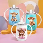 Personalized Cute Highland Cow 10 oz Insulated Name Sippy Cup with Lid and Handle Birthday Baby Shower Gift for Toddler Kids